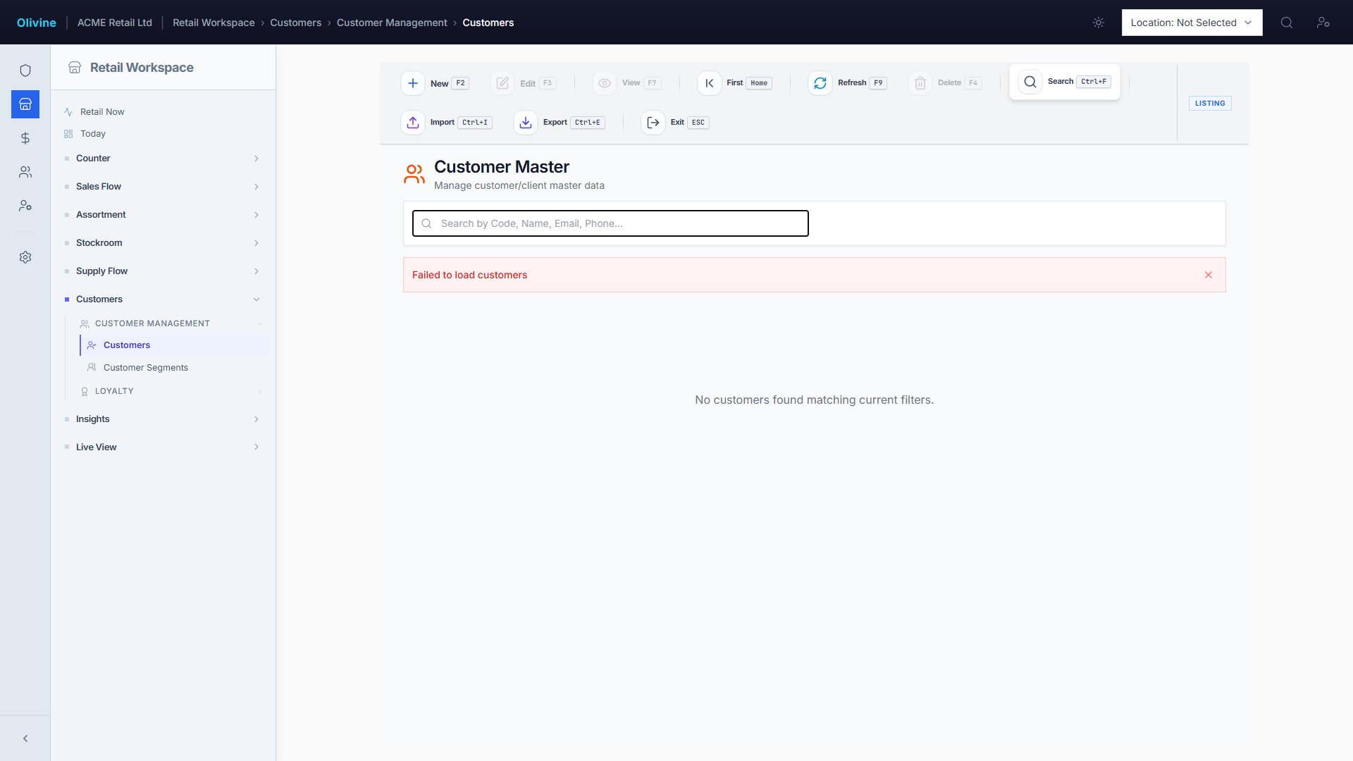 Olivine customer screen