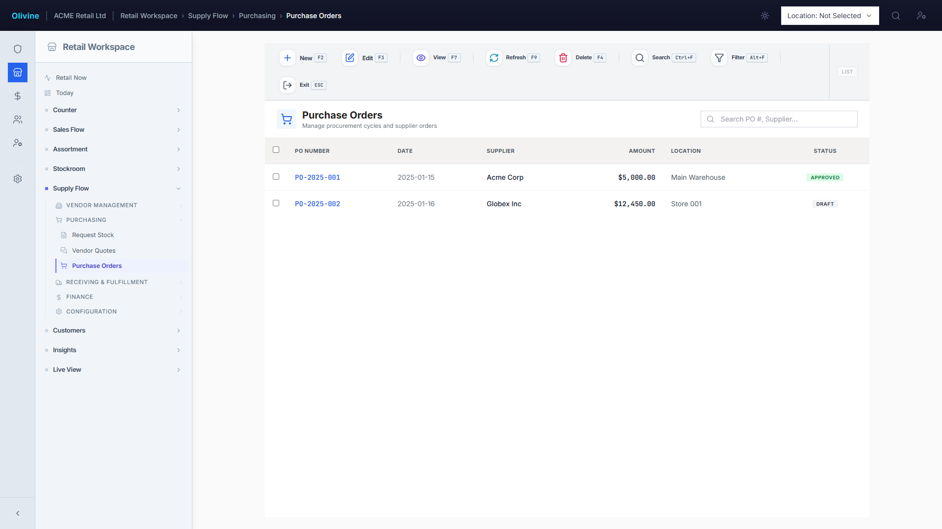 Olivine purchase order screen