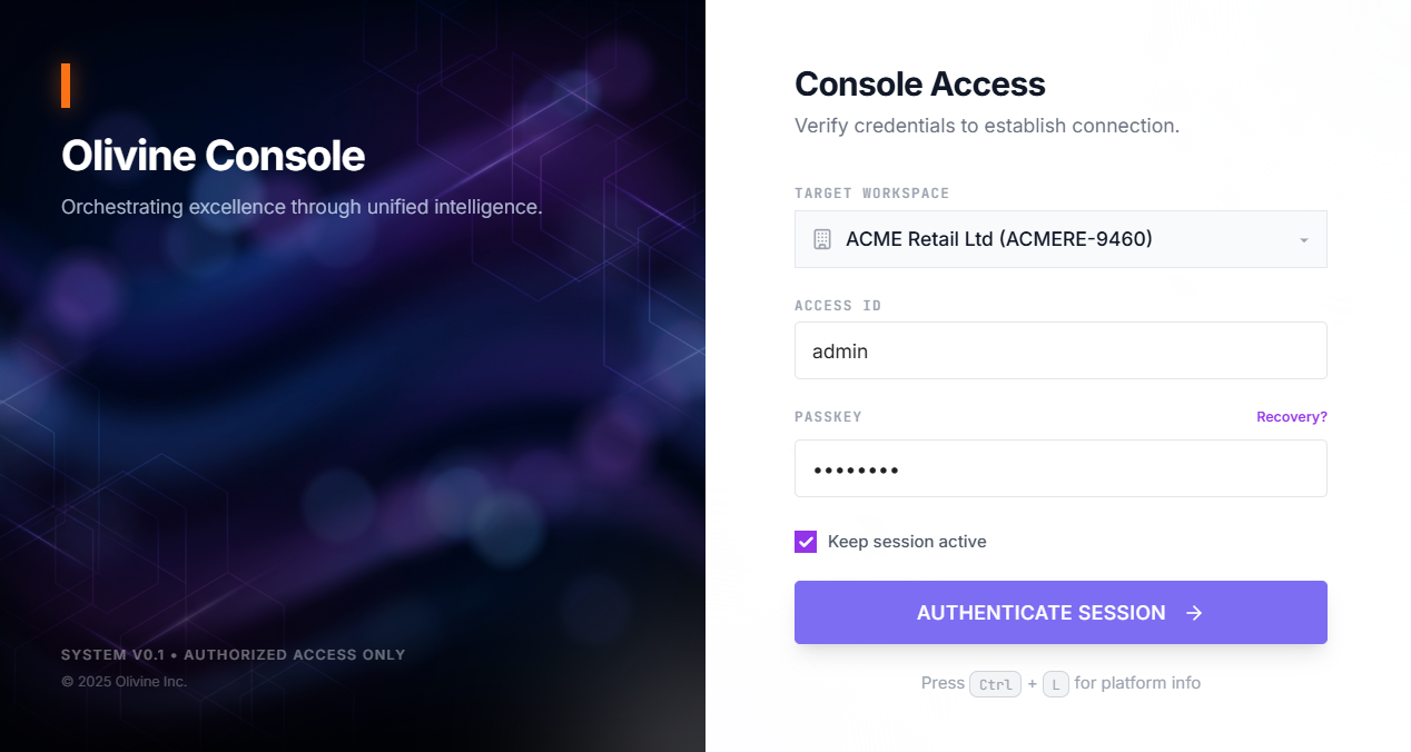 Olivine login screen